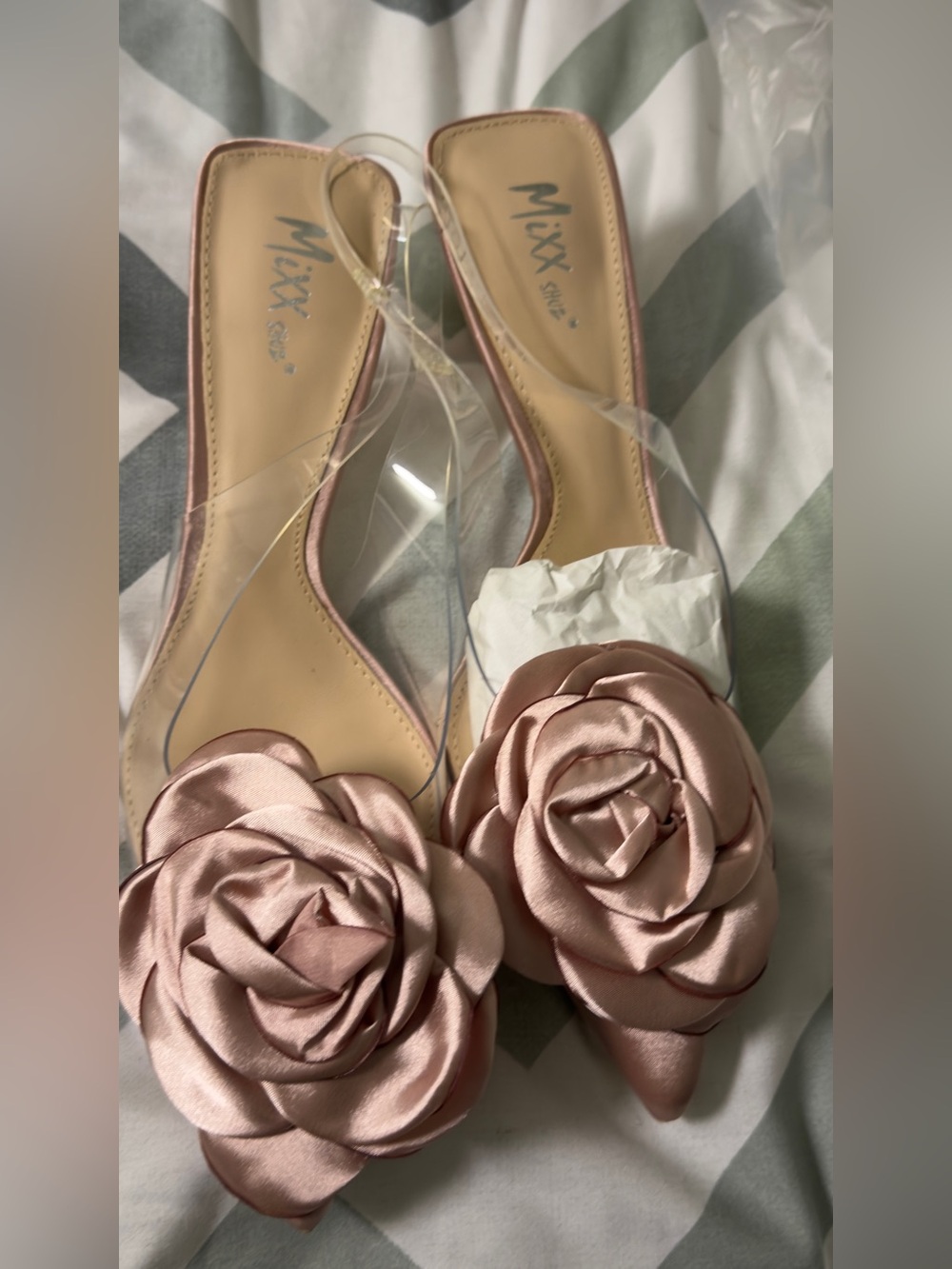 Mixx Shuz Pink Satin Rose Slingback Heels